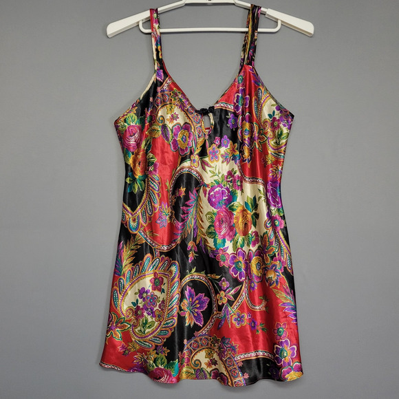 Vintage 90s Adonna Slip Dress Chemise Womens L Paisley Floral Satin Nightgown - Picture 1 of 12